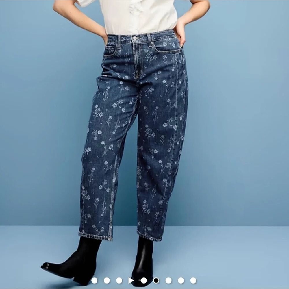 Old Navy High Rise Barrel Leg Baggy Floral Print Crop Size 12 Dark Wash Jeans